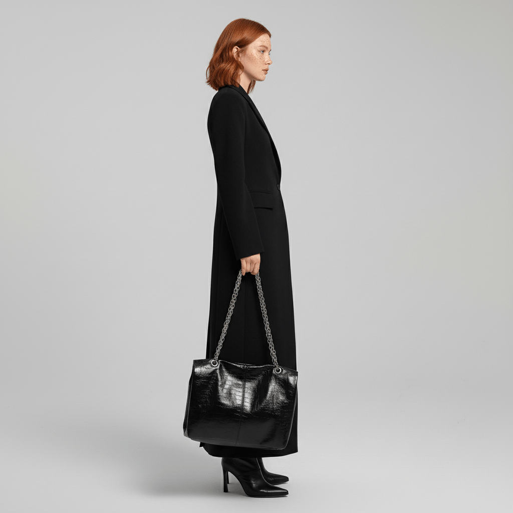 Elegant ruby tailored long coat for women, perfect for modern evening wear & classic city fashion.