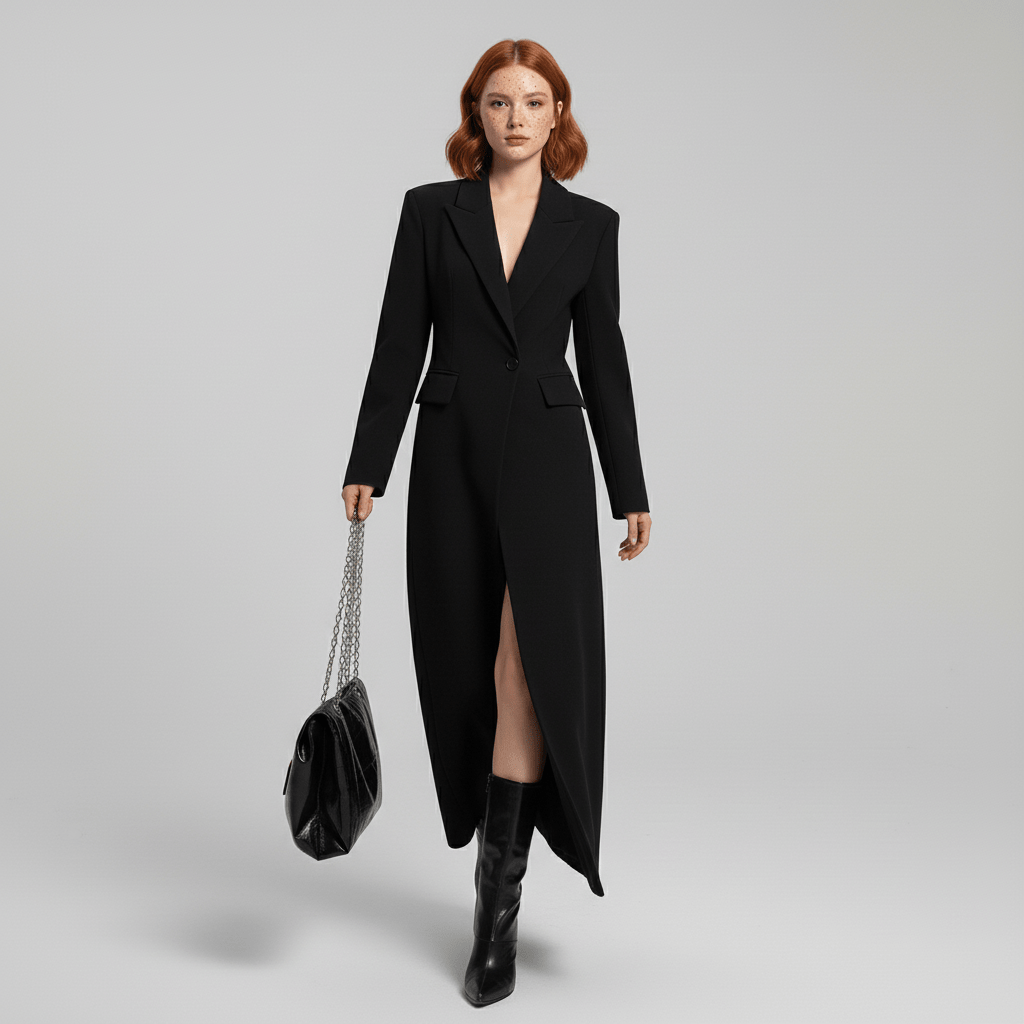 Fitted ruby long tailored coat for women, showcasing modern elegance and sophisticated style.