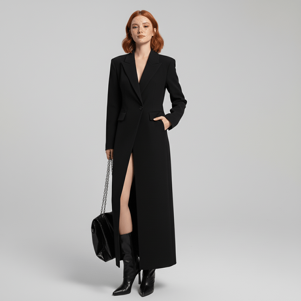 Fashion-forward ruby women's tailored long coat, a classic and elegant fitted outerwear choice.