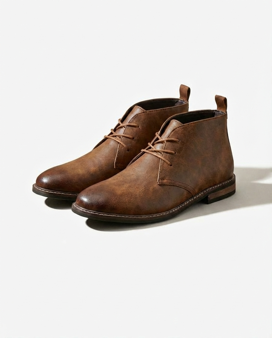 Rugged men's brown leather chukka boots, durable everyday footwear perfect for work or casual men's fashion.