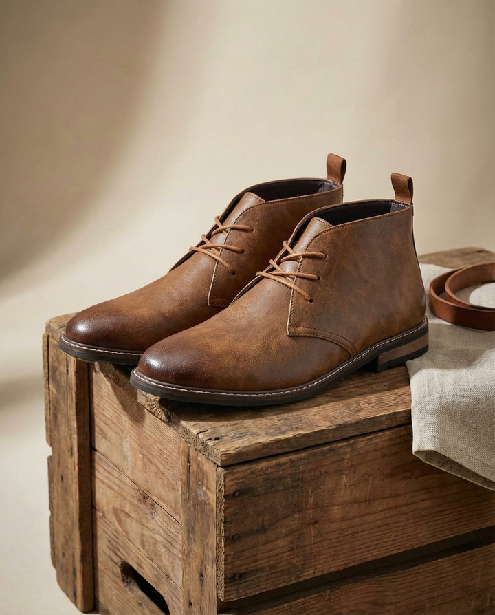 Stylish brown leather chukka boots for men, featuring a durable and rugged design, ideal for modern fashion.