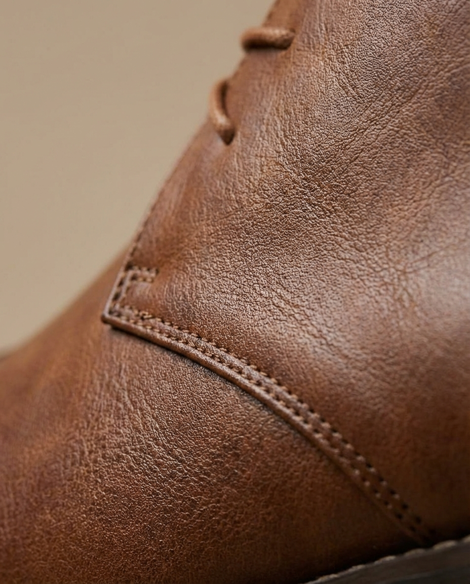 Close-up of men's durable brown leather chukka boots, showcasing quality leather and sturdy construction.