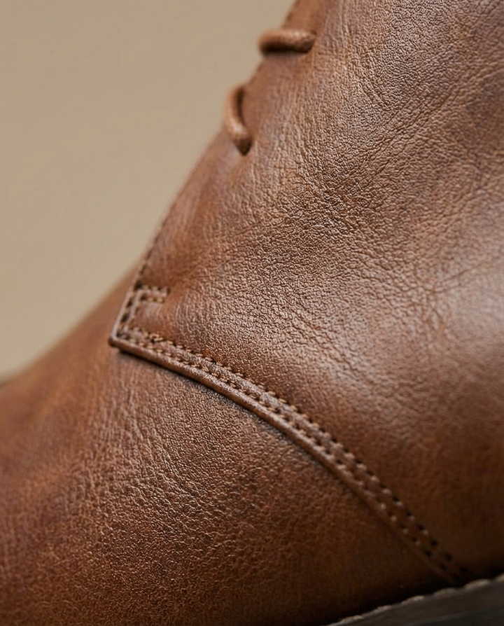 Close-up of men's durable brown leather chukka boots, showcasing quality leather and sturdy construction.