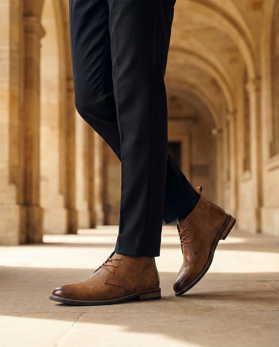 Men's classic brown leather chukka boots, offering durability and comfort for everyday wear and outdoor activities.