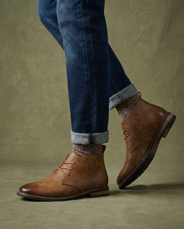Side view of rugged men's chukka boots in brown leather, versatile and durable for any men's footwear collection.