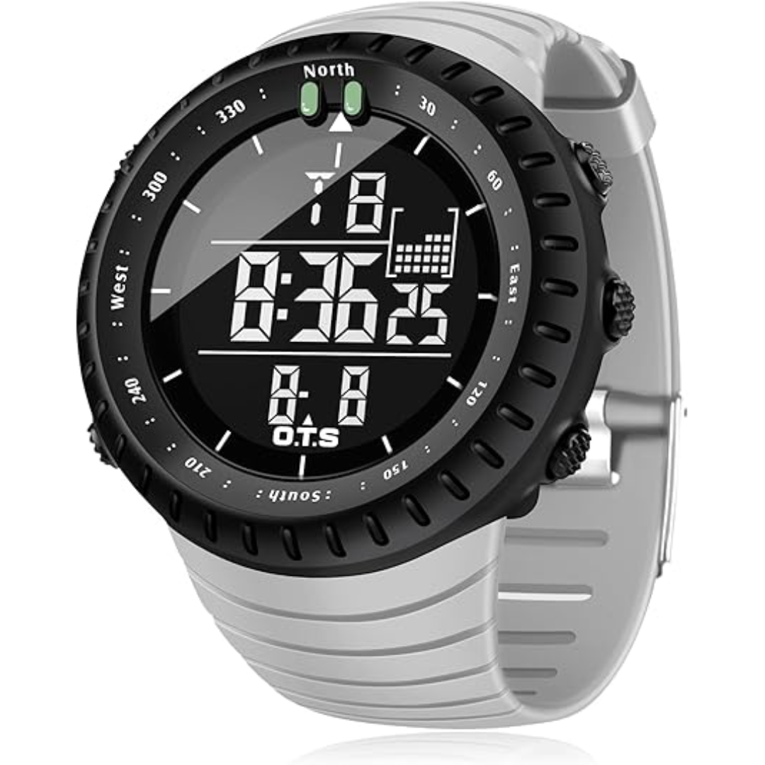 Rugged men's digital outdoor sports watch, waterproof with shock resistant design and LED backlight.