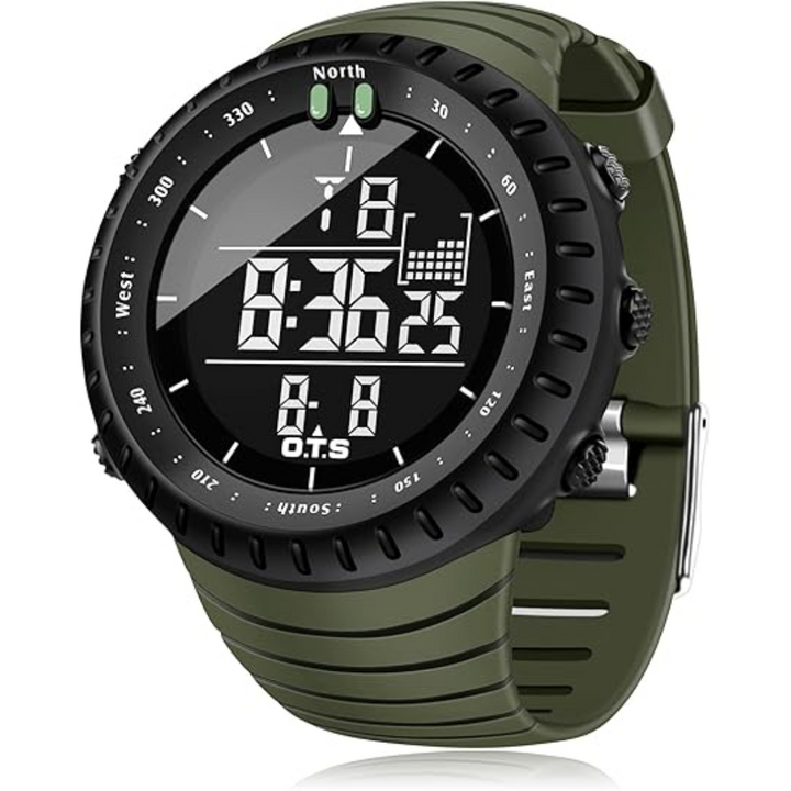 Waterproof digital sports watch for men, featuring a large display and robust shock resistance.