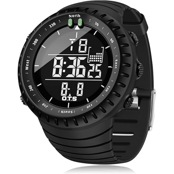 Close-up of a men's rugged digital watch, showcasing its durable build and clear LED display.