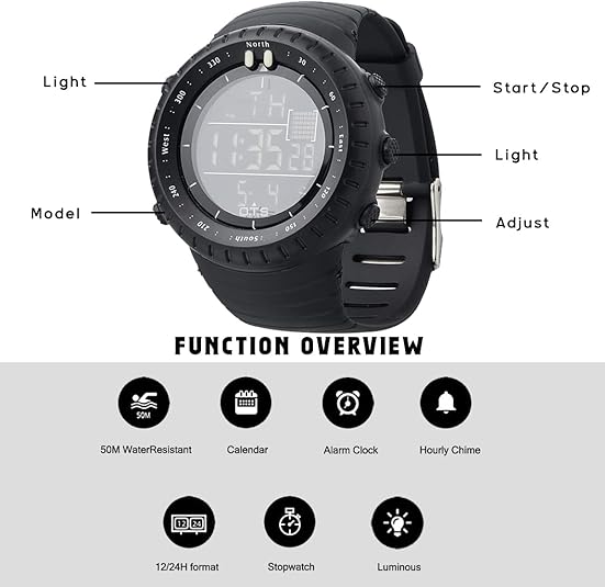 Men's outdoor adventure gear: a digital sports watch with strong shock and water resistance.