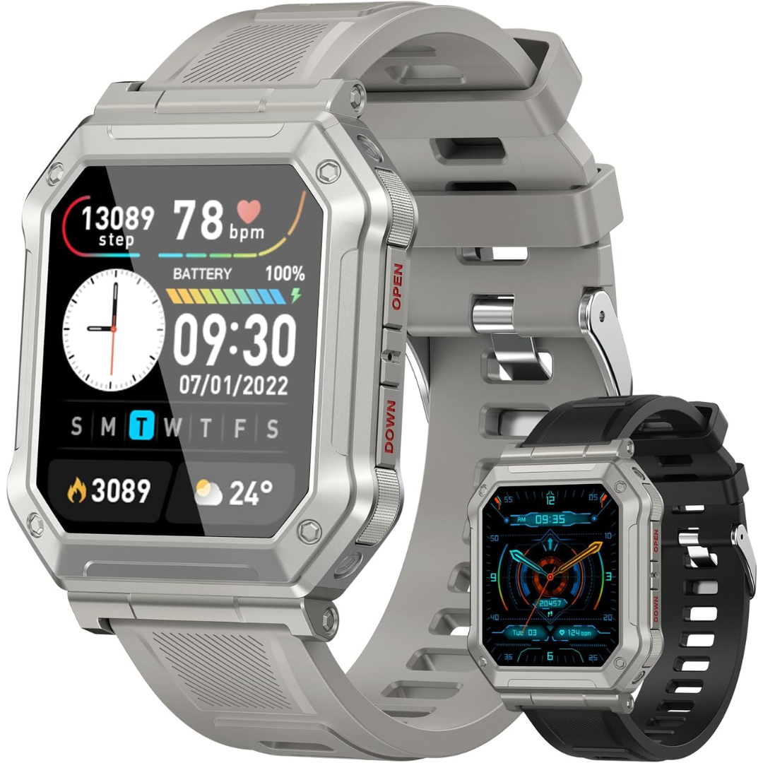 Rugged men's military smartwatch, black, with fitness tracker, waterproof, on a wrist outdoors