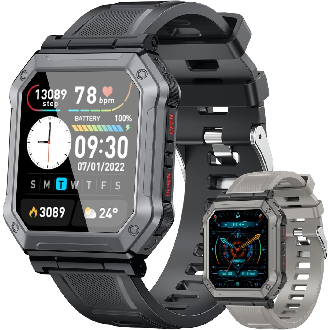 Wayne men's smartwatch, military-grade, displaying heart rate, ideal for outdoor gear enthusiasts