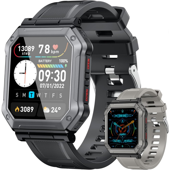Wayne men's smartwatch, military-grade, displaying heart rate, ideal for outdoor gear enthusiasts
