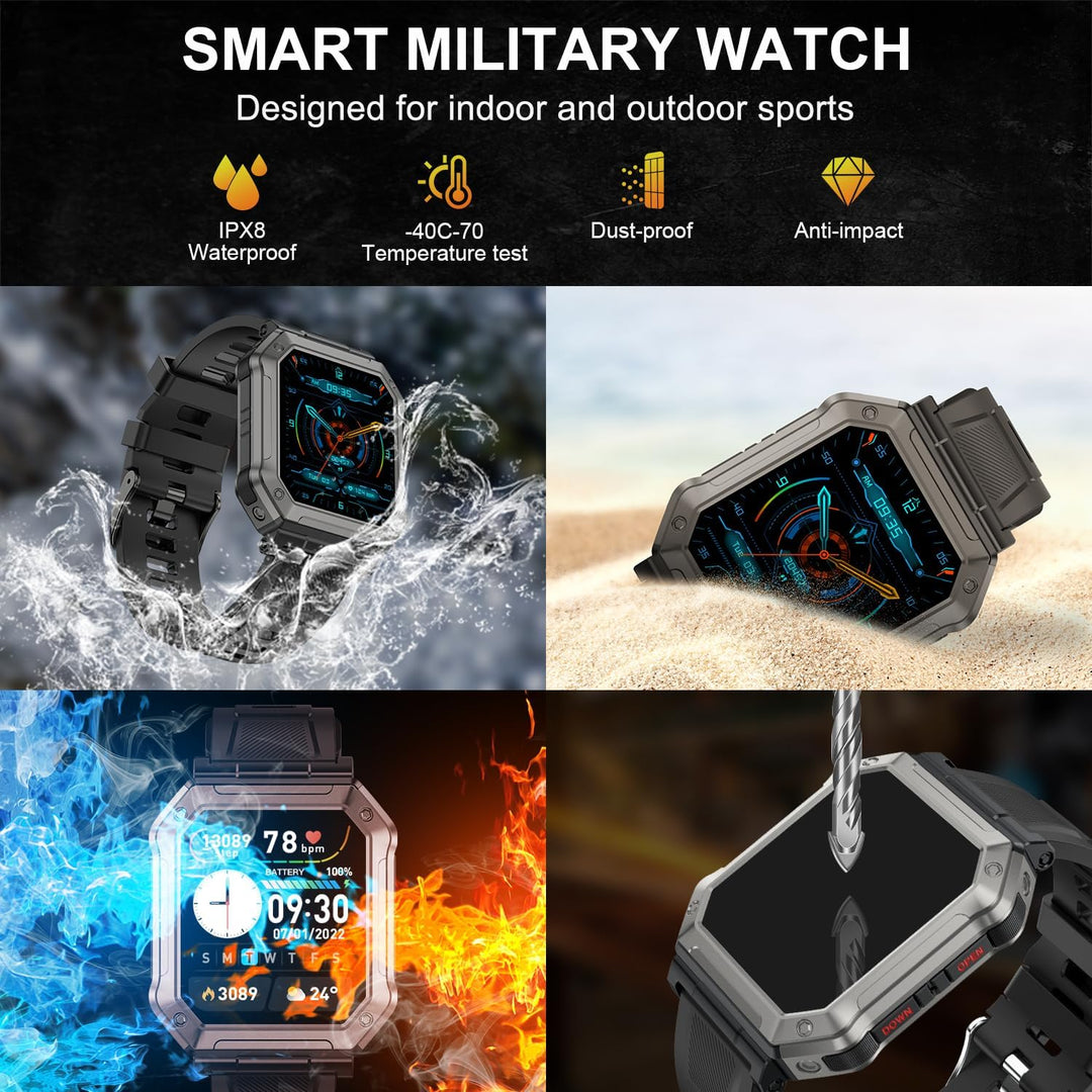 Men's wearable tech military smartwatch, black, tracking steps, on an active person's arm