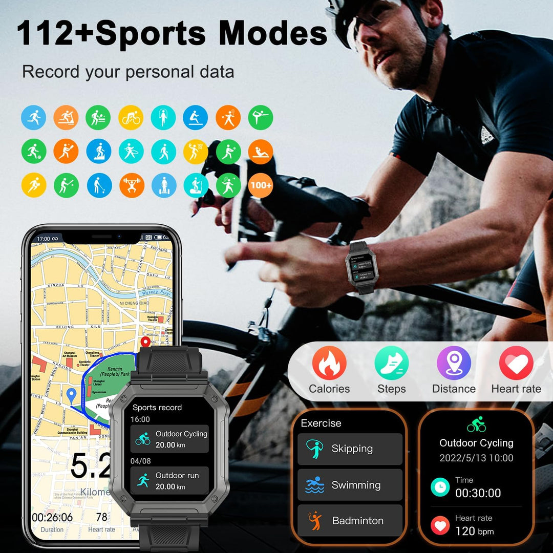 Overhead shot of the Wayne men's military smartwatch, black, rugged design, with fitness capabilities