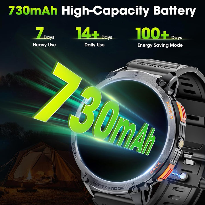 Outdoor sport men's smartwatch, 1.85" HD display, flashlight, and fitness tracking capabilities.