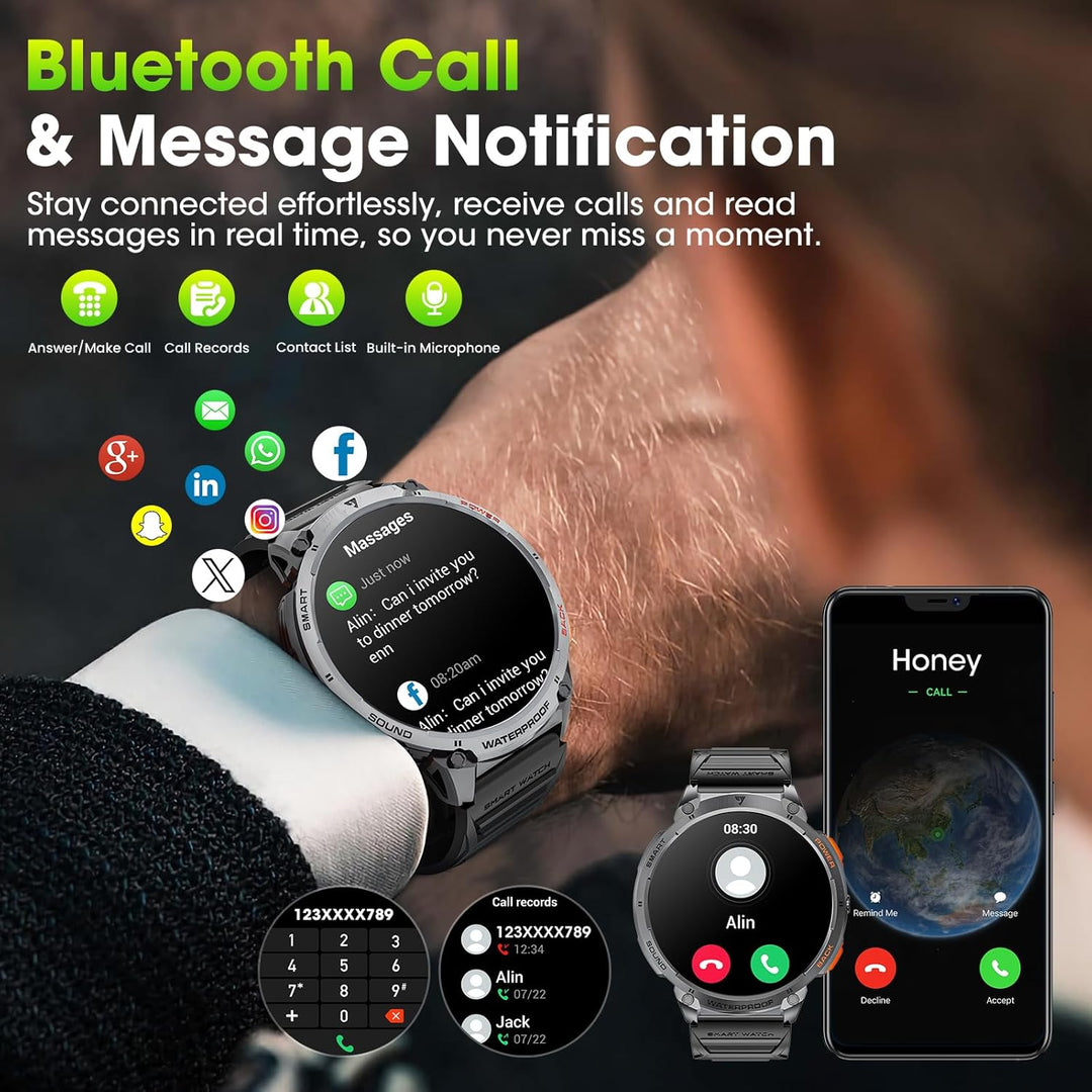 Men's tech accessory: durable military smartwatch with a bright 1.85" HD display and flashlight.