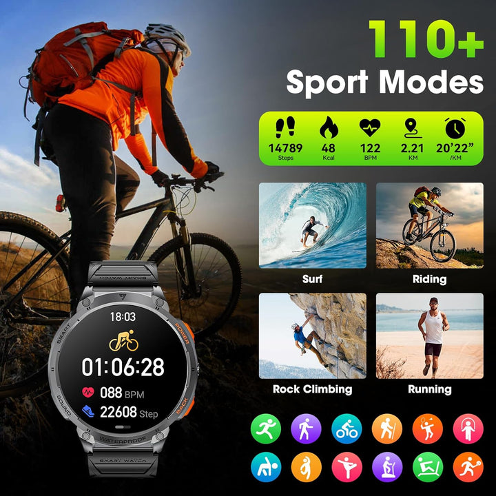 Long-lasting battery men's smartwatch, 1.85" HD display, military design for extreme outdoor use.