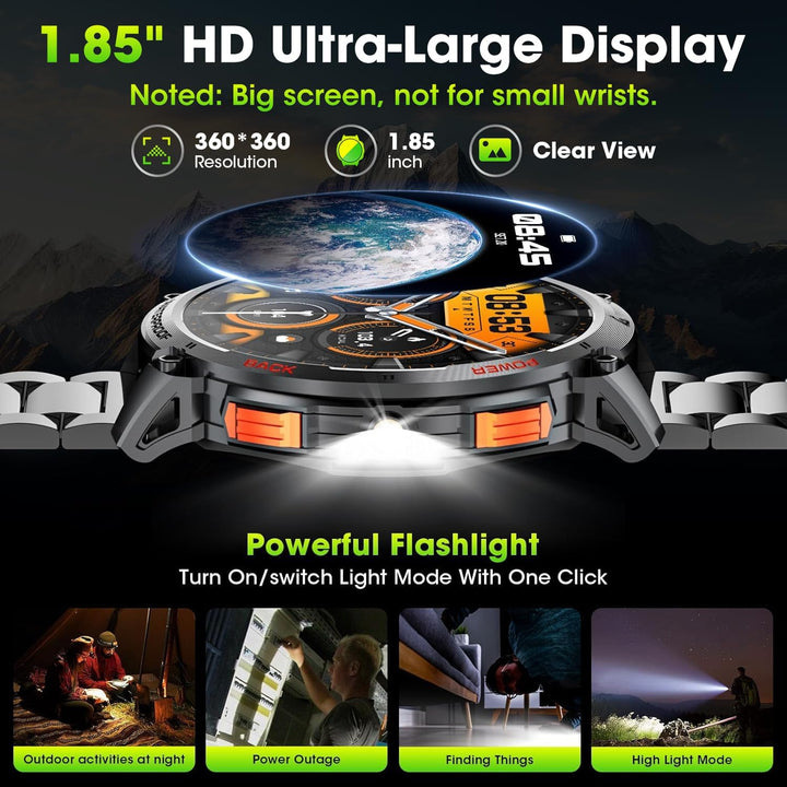 Waterproof military smartwatch for men, featuring a 1.85" HD screen and long battery life.