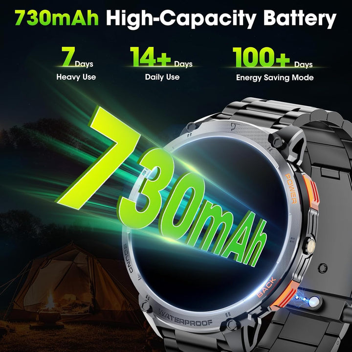 Men's rugged smartwatch with flashlight and fitness tracker, designed for durable everyday wear.