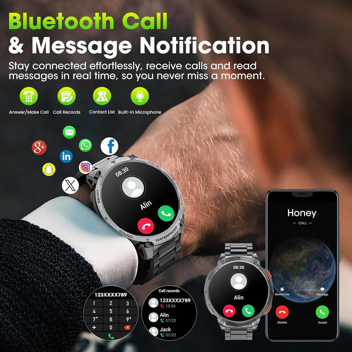 Military-grade men's smartwatch, 1.85" HD screen, offering long battery and flashlight.