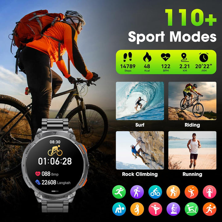 Rugged men's fitness tracker smartwatch with a clear 1.85" HD display and flashlight function.