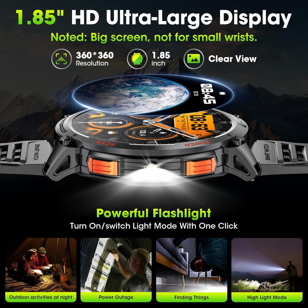 Waterproof men's smartwatch with long battery, 1.85" HD display, and tech accessory rugged wear.