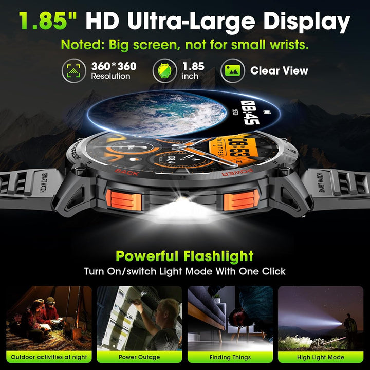 Waterproof men's smartwatch with long battery, 1.85" HD display, and tech accessory rugged wear.