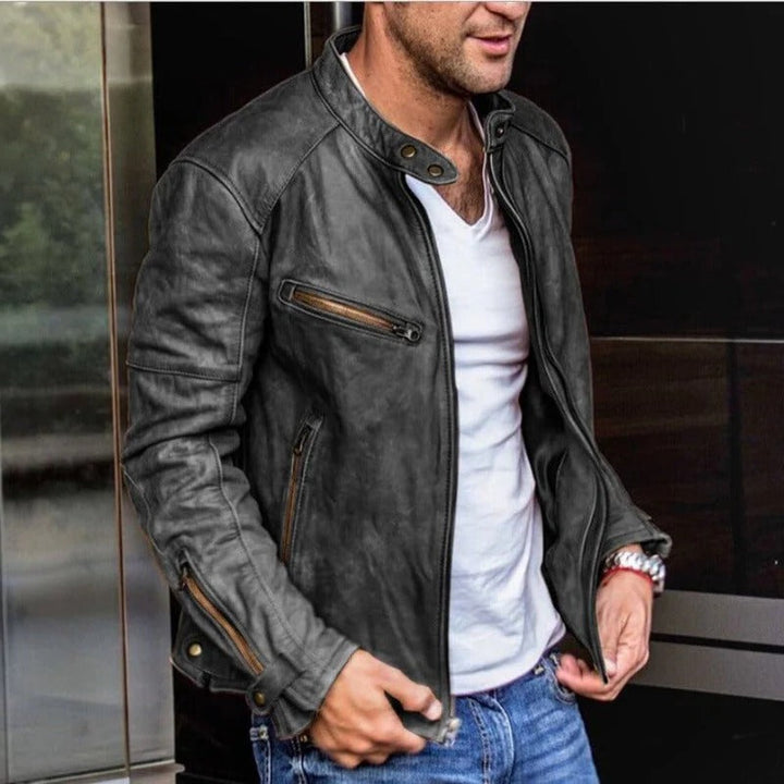 Men's rugged weatherproof leather zipper jacket. Versatile all-season outerwear for casual and outdoor fashion.