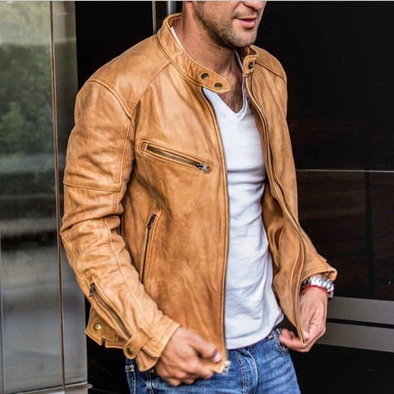 Durable men's all-season weatherproof leather jacket. Stylish and versatile for any casual or outdoor fashion.