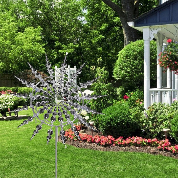 Magical Kinetic Metal Wind Spinner, an anti-rust garden art sculpture that rotates in the wind, perfect for outdoor decor.