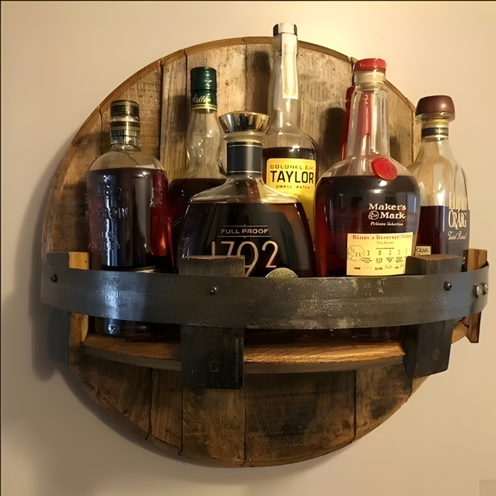 Rustic bourbon whiskey barrel shelf, reclaimed wood, for home bar decor and spirit display.