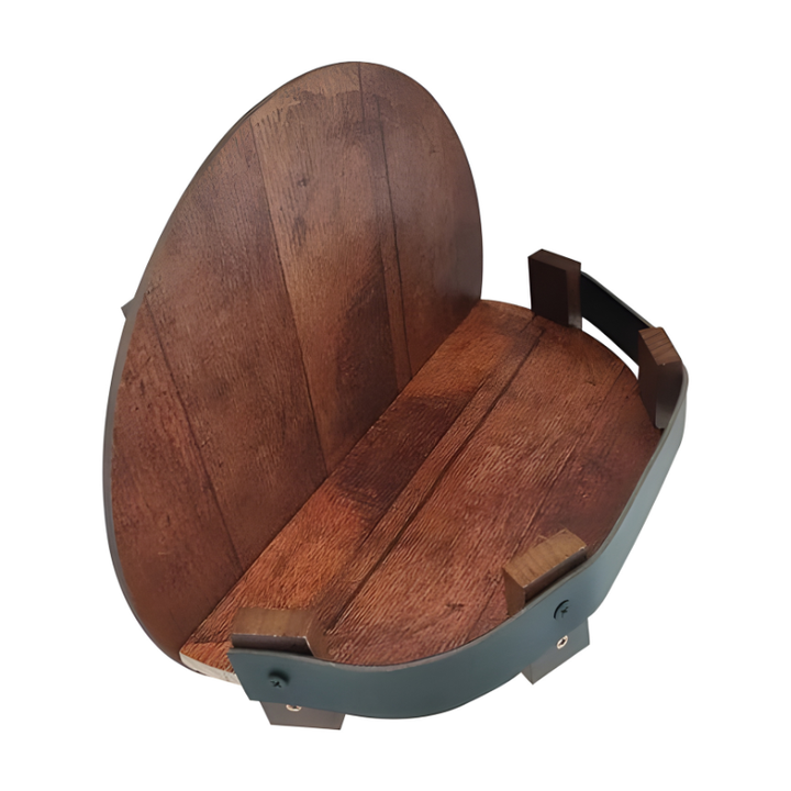 Reclaimed whiskey barrel wall shelf for displaying bourbon, spirits, & bar accessories in a rustic home bar.