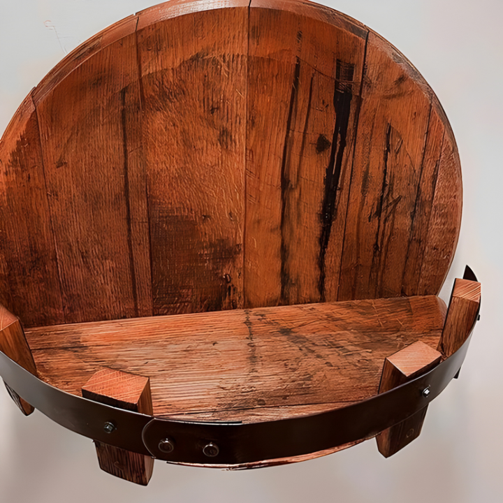 Close-up of a rustic reclaimed wood bourbon barrel shelf, unique grain and craftsmanship for home bars.