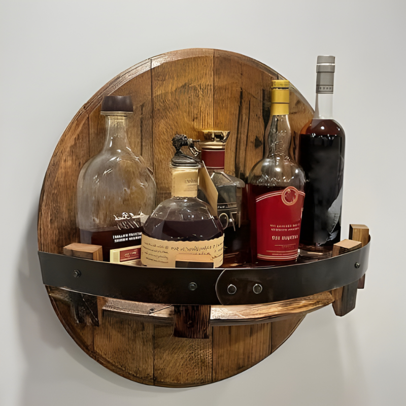 Handcrafted bourbon whiskey barrel shelf. Reclaimed wood provides a rustic, authentic touch to home bars.