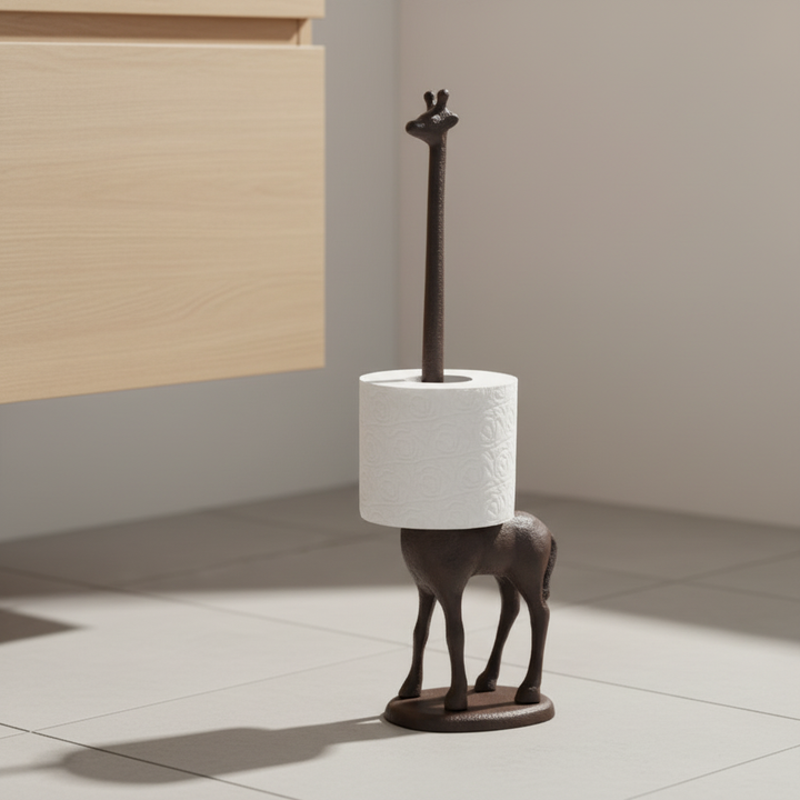 Rustic cast iron giraffe toilet paper holder, freestanding, with decorative animal-shaped bathroom storage.