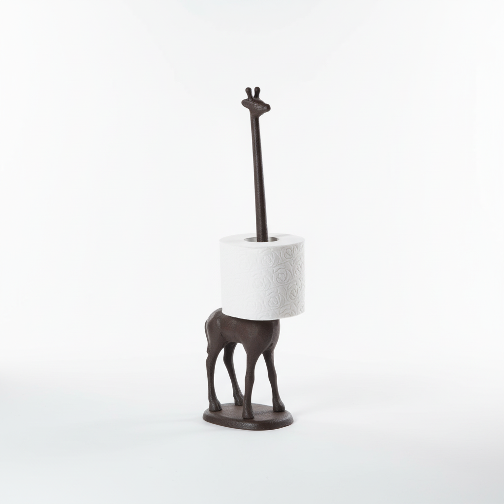 Decorative Giraffino animal-shaped toilet paper holder in cast iron, perfect home accent for rustic bathrooms.