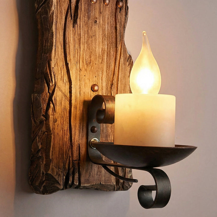 LED wall sconce with wood accents, ideal for home lighting and vintage appeal.