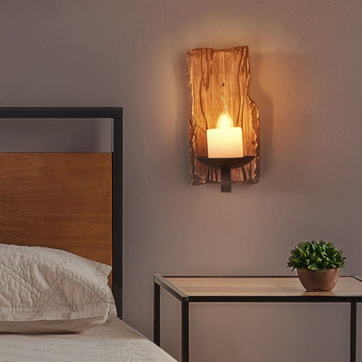 Decorative Hearthleaf wall sconce, features LED and rustic wood for cozy lighting.