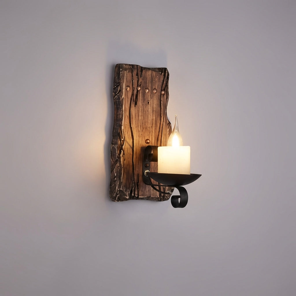 Hearthleaf vintage style wall sconce, rustic wood fixture for farmhouse interior lighting