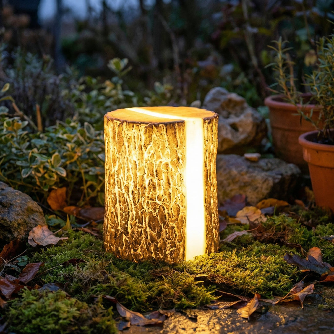 Rustic Garden Stump LED Accent Light, warm glow for outdoor decor. Lumistrove stump lamp.