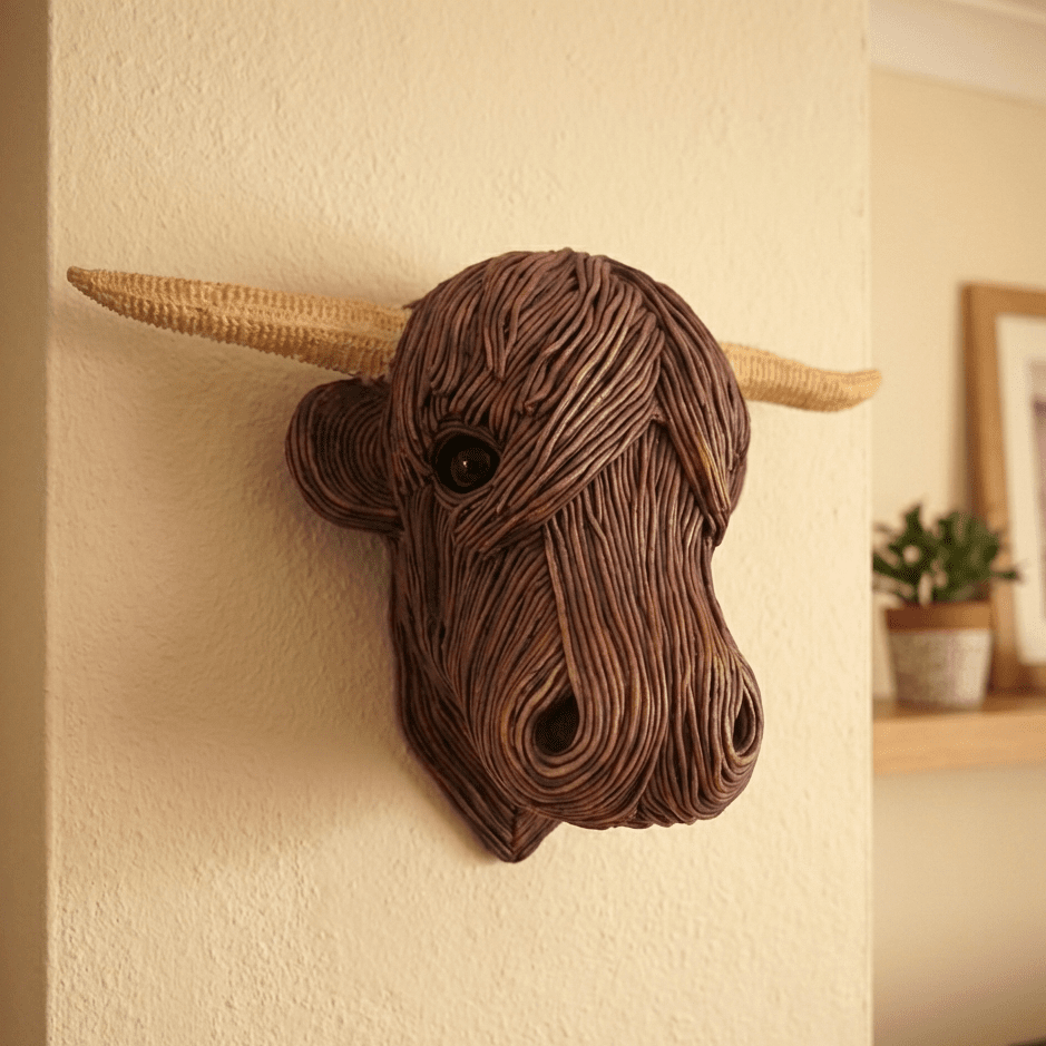 Rustic Highland Cow wall art sculpture, perfect for farmhouse style home decor. Adds countryside charm.