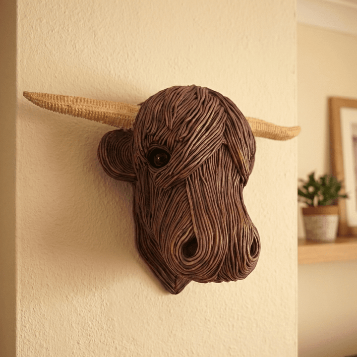 Rustic Highland Cow wall art sculpture, perfect for farmhouse style home decor. Adds countryside charm.