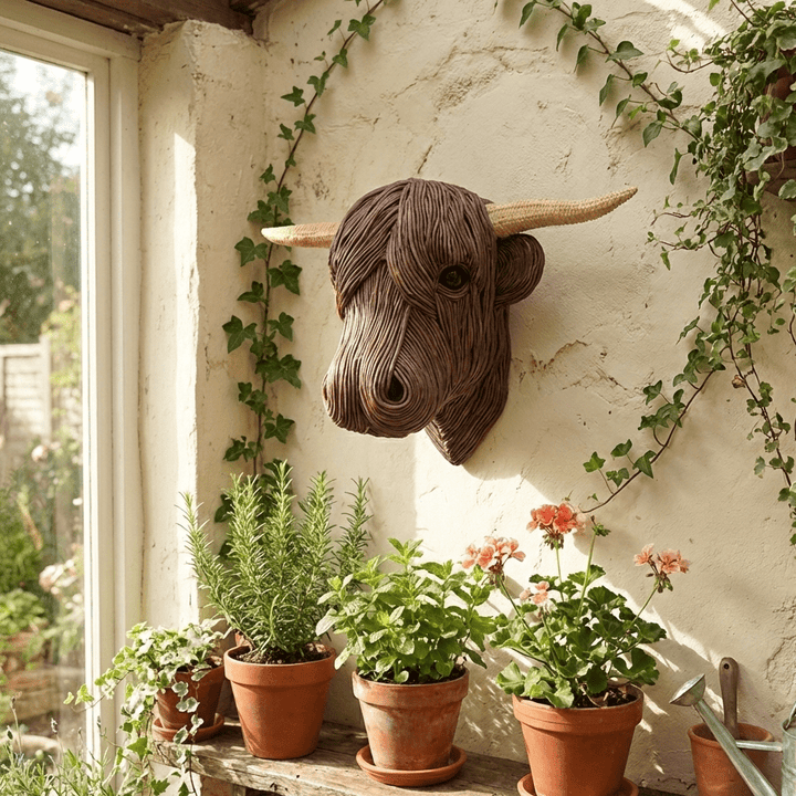 Farmhouse style Highland Cow wall art. Rustic sculpture accent for home decor, enhancing countryside charm.