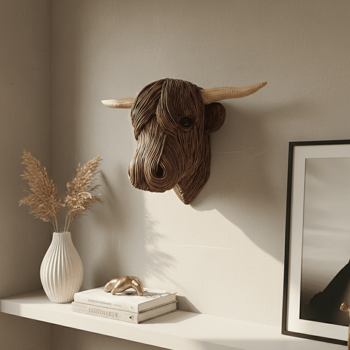 Charming rustic Highland Cow wall art sculpture. Ideal animal art for farmhouse decor and country-style homes.