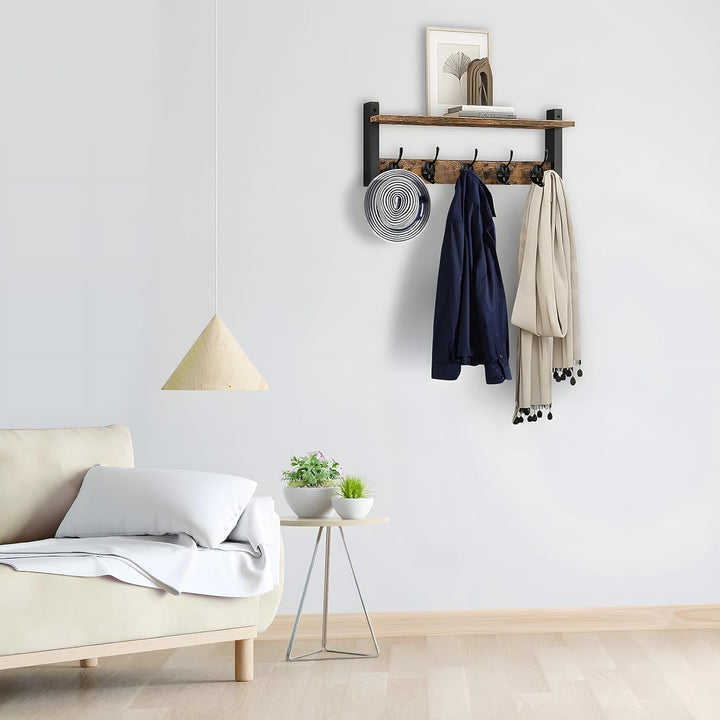 Space-saving entryway organizer: rustic coat rack with shelf & 5 metal hooks.