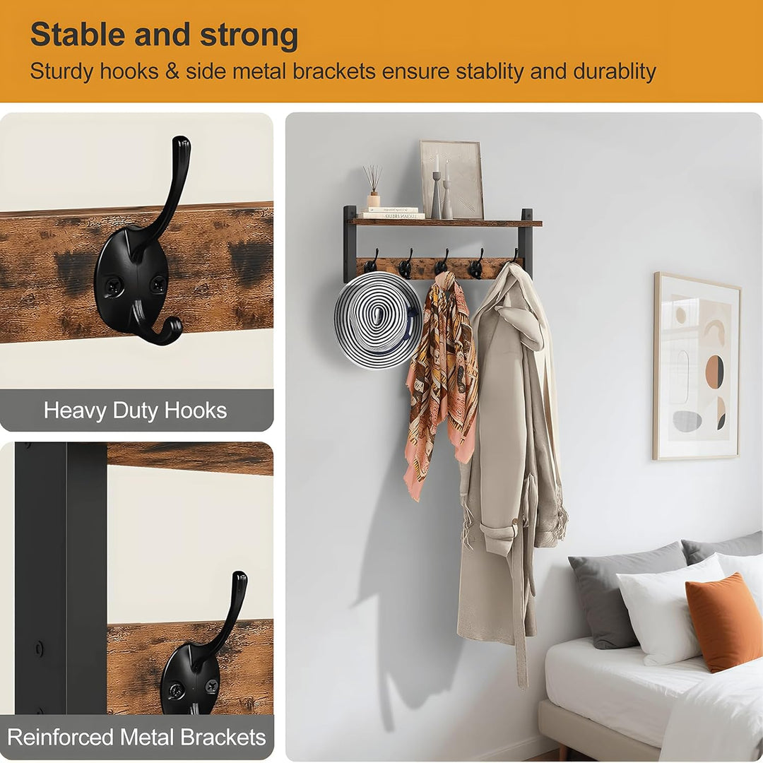Decorative rustic wall-mounted coat rack, storage shelf & 5 hooks for home.