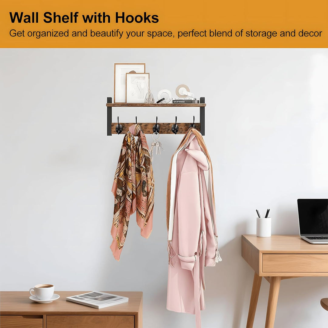 Ravora rustic wooden coat rack, wall-mounted, storage shelf, five metal hooks.