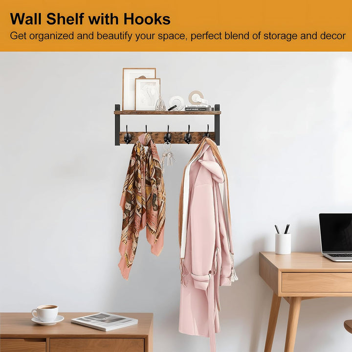 Ravora rustic wooden coat rack, wall-mounted, storage shelf, five metal hooks.