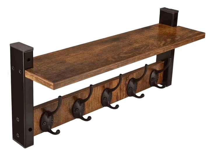Rustic wall-mounted coat rack with shelf and five black metal hooks, perfect for entryway organization