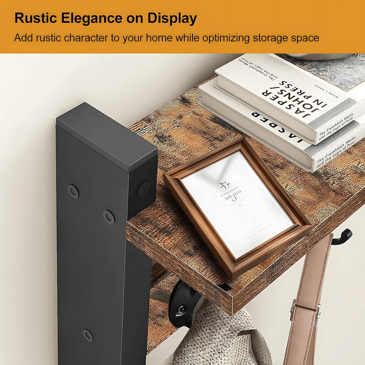 Functional wall-mounted coat rack featuring a display shelf and five strong metal hooks for coats and bags